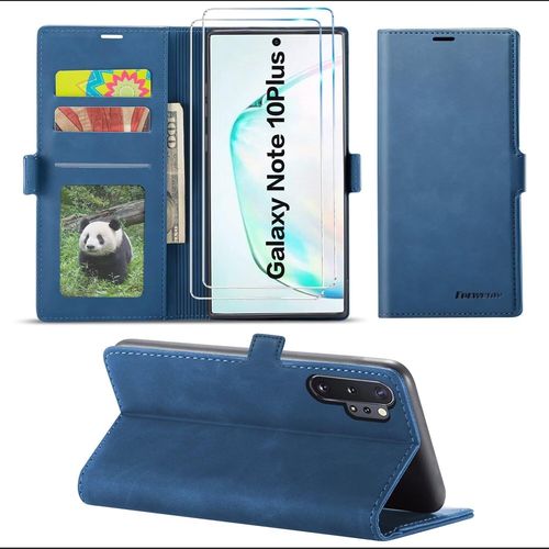 Étui Portefeuille Magnétique Pour Samsung Galaxy Note10 Plus Housse Antichoc Avec Support Réglable, 3 Emplacements Cartes +2 Protections Écran En Verre Trempé - Bleu