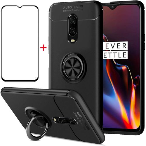 Étui Silicone Carbone Pour Oneplus 7t Avec Protection Écran 9h Intégrée - Antichoc, Anti-Empreintes Et Support Voiture 360° (Noir)