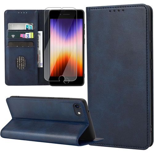 Étui Portefeuille En Cuir Pu Magnétique Antichoc Pour Iphone Se 2022/2020/8/7 Avec 3 Emplacements Carte, Fonction Kickstand Et Protection Intégrale - Bleu