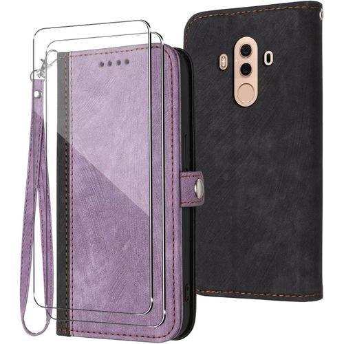 Étui Portefeuille En Cuir Pu Pour Huawei Mate 10 Pro Avec Verre Trempé, Porte-Cartes, Support Intégré Et Protection Anti-Rayures - Violet