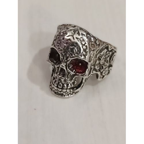 Bague Métal Argenté,Tete De Mort ,Yeux Rouge,Bague Ouverte,Taille 19.11 Mm