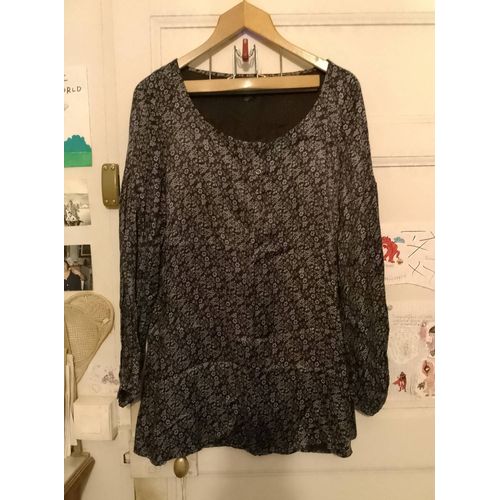 Blouse Noire Motifs Verts/Bleus 38 M Mng.