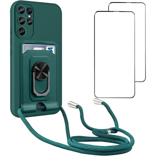 Étui Silicone Ultra-Mince Pour Samsung Galaxy S23 Ultra Avec Cache Caméra Coulissant, Support 360°, Cordon Réglable Et Porte-Cartes - Vert