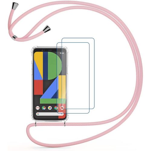 Étui Téléphone Google Pixel 4 Avec Verre Trempé, Silicone Anti-Jaune Et Cordon Réglable Détachable - Rose