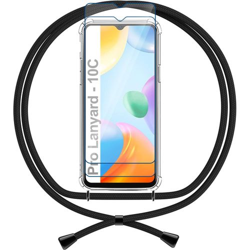 Étui Téléphone Avec Cordon Réglable Pour Xiaomi Redmi 10c, Coque En Verre Trempé Transparent Anti-Jaune Avec Protection Tpu Et Sangle Amovible, Noir