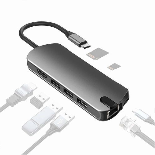 Type A FX-1916 Type-C HUB Adaptateur USB-C 8 en 1 avec port 4K@30Hz HDMI/USB C/USB 3.0/RJ45