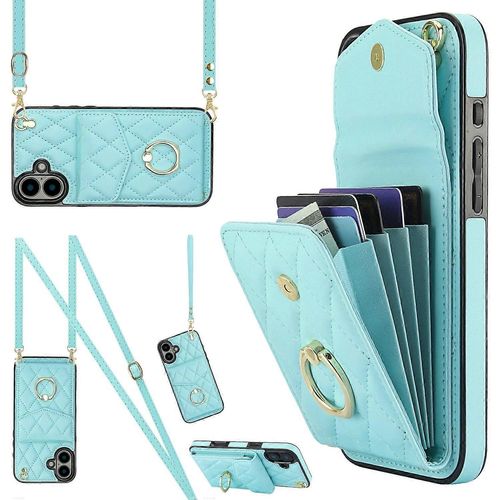 Pour Iphone 16 Coque Carte Sac Cuir + Tpu Housse De Téléphone À Bandoulière Avec Béquille À Anneau