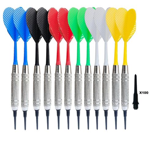 Jeu de fléchettes avec 100 pointes souples supplémentaires, fléchettes souples de sécurité (rouge, jaune, bleu, vert) (12pcs)