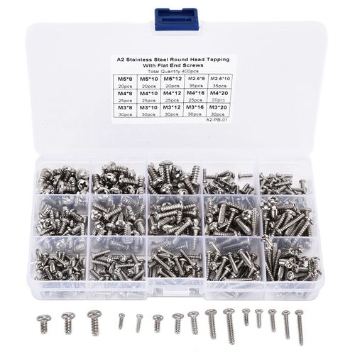 Assortiment de 400 vis autotaraudeuses a tete cylindrique cruciforme en acier inoxydable