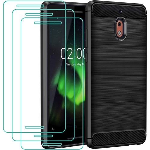 Housse De Protection Complète Pour Nokia 2.1 Avec 3 Écrans Trempés 9h, Coque Carbone Antichoc Et Tpu Souple Anti-Chutes - Noir