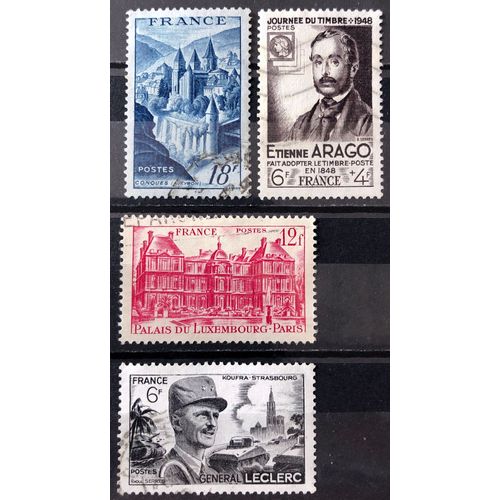 Journée Du Timbre 1948 - Etienne Arago 6f+4f (N° 794) + Palais Du Luxembourg 12f Rose Carminé (N° 803) + Conques 18f Bleu (N° 805) + Leclerc 6f Noir (N° 815) Obl - France Année 1948 - Brn83 - N25159