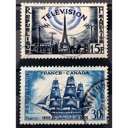 Télévision 15f (N° 1022) + France-Canada - La Capricieuse - Centenaire Amitié 30f (N° 1035) Obl - France Année 1955 - Brn83 - N25162