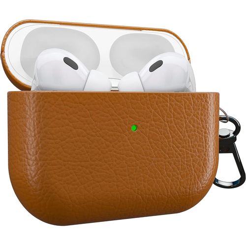 Housse de Protection Simili Cuir Antidérapant pour AirPods Pro 2 (2022) - Compatible Chargeur Sans Fil, LED Visible, Design à Double Clip - Marron Foncé