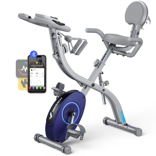 Vélo D'appartement 4 En 1 Pliable - Merach, 16 Niveaux De Résistance Magnétique, Compatible Kinomap & Zwift, Charge Max 136 Kg