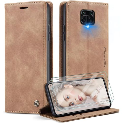 Housse Étui Flip Magnétique Pour Xiaomi Redmi Note 9s/9 Pro - Coque Pu Cuir Léger Avec 2 Verres Trempés, Support Intégré Et Protection Antichoc - Brun