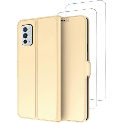 Housse Étui Portefeuille Magnétique Pour Oneplus 9 Rt En Cuir Pu Avec 2 Films Verre Trempé 9h ¿ Or