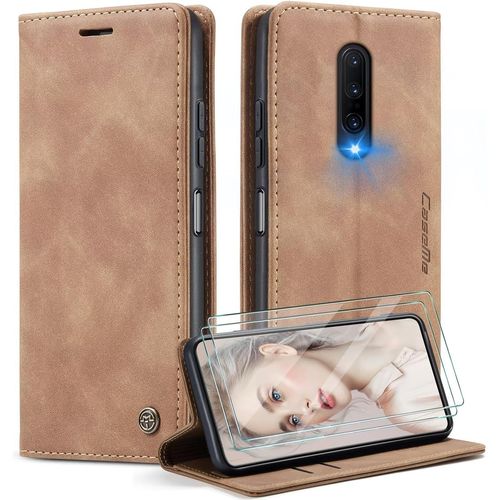 Housse Portefeuille Magnétique Pour Oneplus 8 Avec Support Intégré, 2 Emplacements Cartes + Verre Trempé ¿ Étui Protection Anti-Choc En Cuir Pu Souple (Brun)
