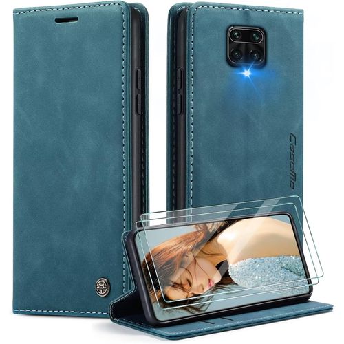 Housse Étui Portefeuille Magnétique Pour Xiaomi Redmi Note 9s/9 Pro - Coque En Cuir Pu Antichoc Avec 2 Verres Trempés, Fonction Support Et Protection Écran - Bleu-Vert