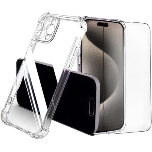 Housse de Protection Transparente en Silicone Souple Anti-Jaunissement pour iPhone 15 Pro Max 6,7 2023 avec Coins Renforcés Antichoc + Écran en Verre Trempé
