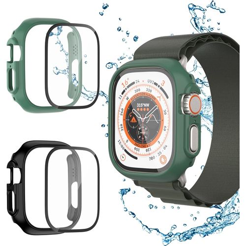 Lot De 2 Coques Protectrices Apple Watch Ultra 49mm Avec Verre Trempé 9h - Étui Anti-Rayures/Chocs, Transparence Hd, Design Léger Et Sensible (Vert Officiel + Noir)