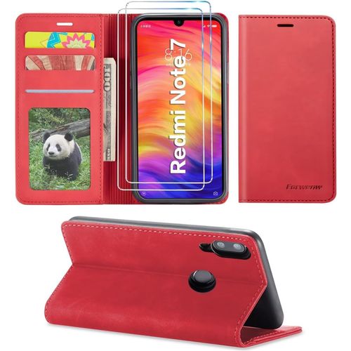 Housse Portefeuille Magnétique Pour Xiaomi Redmi Note 7/Pro/S Avec Support Intégré, Coque Anti-Choc Avec 3 Emplacements Cartes + 2 Verres Trempés Inclus - Rouge