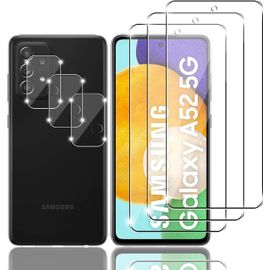 Kit De Protection Écran En Verre Trempé 9h Pour Samsung Galaxy A52 5g - 3 Écran + 3 Caméra, Ultra Clair Anti-Bulles, Découpe Laser, Sensibilité Maximale (Transparent)