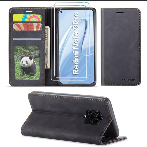 Housse Portefeuille Magnétique Xiaomi Redmi Note 9s/9 Pro/9 Pro Max Avec Support Réglable, 3 Emplacements Cartes Et Verre Trempé Inclus - Antichoc Cuir Pu - Noir