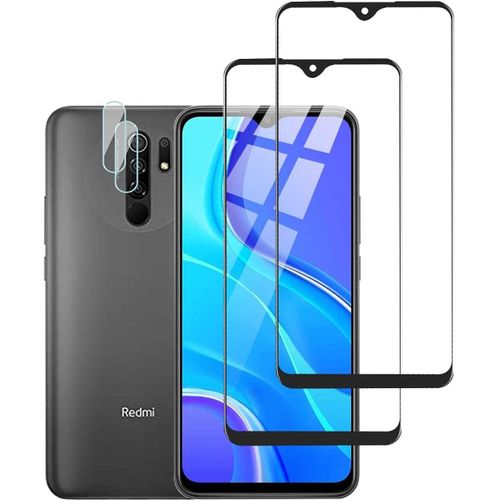 Protecteur D'écran En Verre Trempé 9h Anti-Rayures Pour Xiaomi Redmi 9 - 2 Protecteurs D'écran + 2 Protecteurs D'objectif Caméra - Haute Transparence Sans Bulles Noir