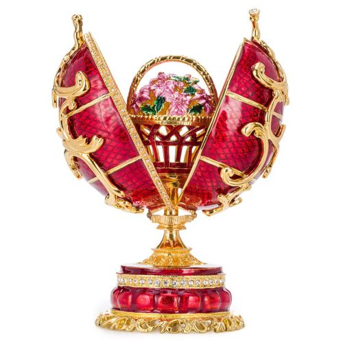 Oeuf à la Fabergé boîte à musique Fleurs de printemps avec panier 16,5 cm, rouge