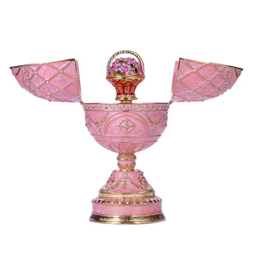 Oeuf à la Fabergé boîte à musique boîte à bijoux avec panier de fleurs 17 cm, rose
