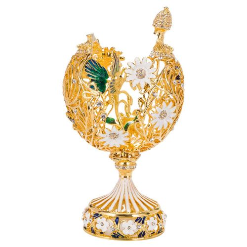 Oeuf à la Fabergé sculpté avec fleurs et papillon 16,5 cm, couleur or