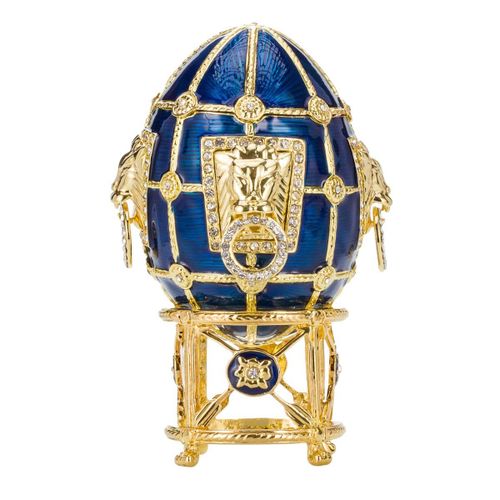 Oeuf à la Fabergé boîte à bijoux avec des lions 11 cm, bleu