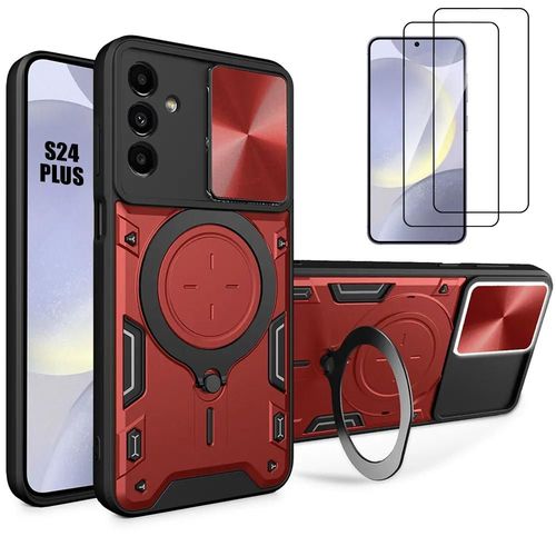 Coque + 2 Verres Trempés Pour Samsung Galaxy S24 Plus (S24+) - Protection Avec Anneau Et Couvercle Objectif - Rouge - E.F.Connection