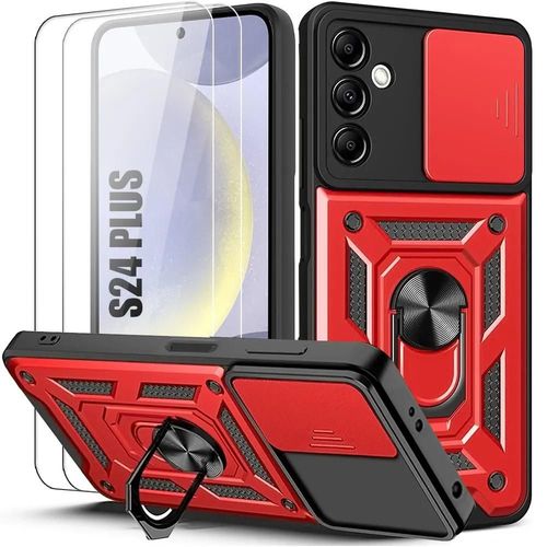 Coque + 2 Verres Trempés Pour Samsung Galaxy S24 Plus (S24+) Antichoc Anneau Arrière Rigide Bordure Renforcée - Rouge - E.F.Connection