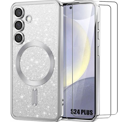 Coque + 2 Verres Trempés Pour Samsung Galaxy S24 Plus (S24+) Silicone Avec Anneau Magnétique Et Protection Caméra - Argenté - E.F.Connection