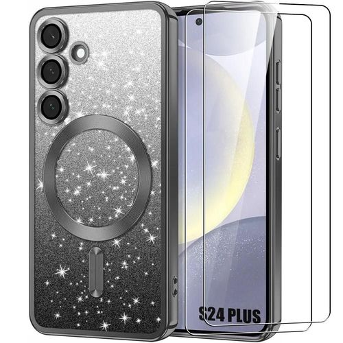 Coque + 2 Verres Trempés Pour Samsung Galaxy S24 Plus (S24+) Avec Cercle Magnétique - Protection Silicone Effet Scintillant Noir - E.F.Connection