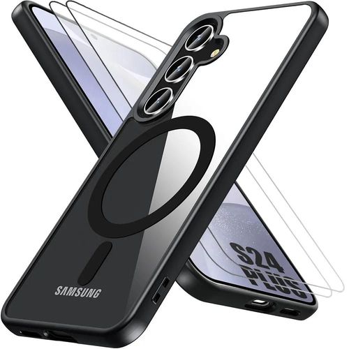 Coque + 2 Verres Trempés Pour Samsung Galaxy S24 Plus (S24+), Protection Silicone Et Pc Antichoc Avec Anneau Magnétique - Noir - E.F.Connection