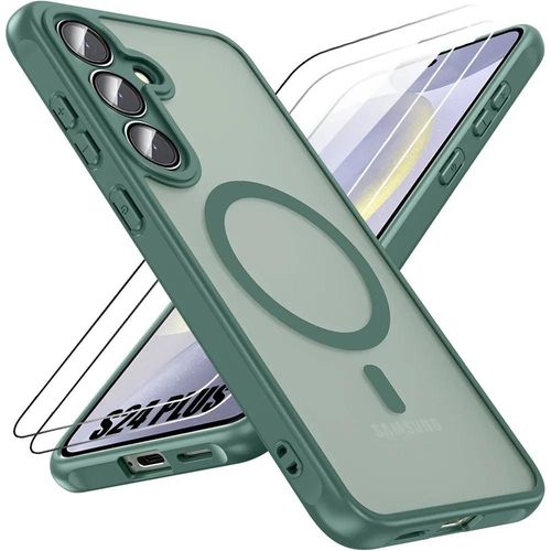 Coque + 2 Verres Trempés Pour Samsung Galaxy S24 Plus (S24+) Protection Hybride Silicone Et Pc Avec Anneau Magnétique - Vert Nuit - E.F.Connection