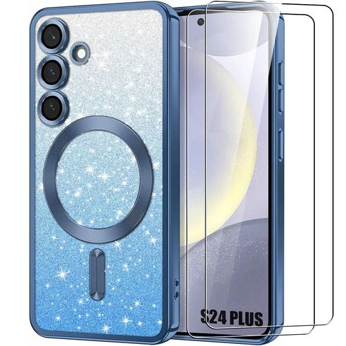 Coque + 2 Verres Trempés Pour Samsung Galaxy S24 Plus (S24+) Silicone Avec Cercle Magnétique Protection Caméra - Bleu Scintillant - E.F.Connection