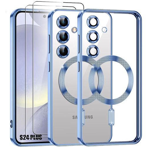 Coque + 2 Verres Trempés Pour Samsung Galaxy S24 Plus (S24+) Protection Silicone Avec Anneau Magnétique Film Caméra - Bleu - E.F.Connection