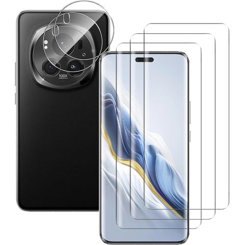 Verre Trempé Incurvé Pour Honor Magic6 Pro 5g - 3 Films Écran + 2 Caméra Antichoc, Colle Et Lampe Incluses Sans Résidu