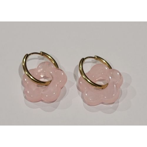 Boucles D'oreilles Creoles Anneaux Dores Fleurs Roses !