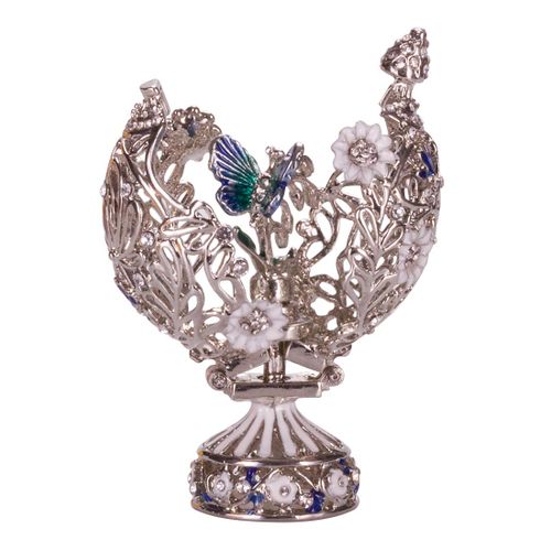 Oeuf à la Fabergé sculpté avec fleurs et papillon 7 cm, couleur argent