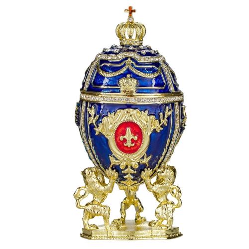 Oeuf à la Fabergé boîte à bijoux avec des lions et couronne impériale 16,5 cm, bleu