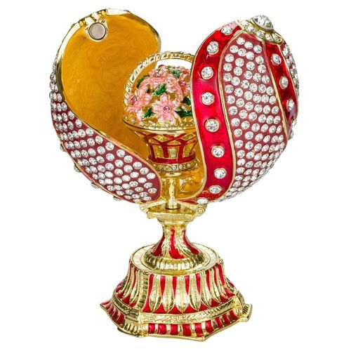 Oeuf à la Fabergé torsadé avec panier de fleurs 12 cm, rouge