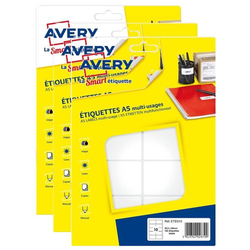 Avery Lot De 3 Sachets De 160 Étiquettes Multi-Usage Blanches 38,5 X 65 Mm Sur Planche A5