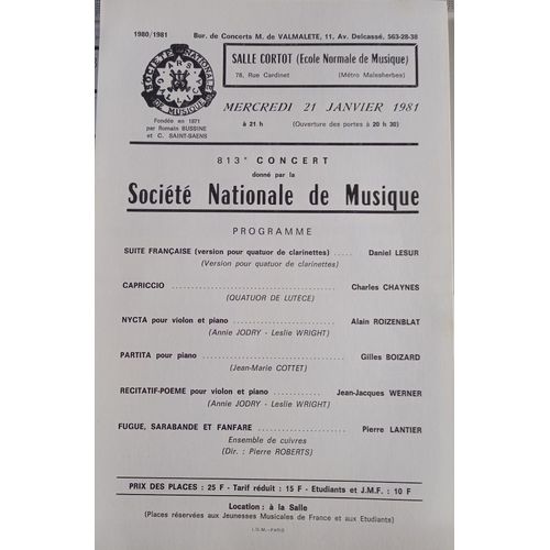Programme Société Nationale De Musique 813e Concert 21 Janvier 1981