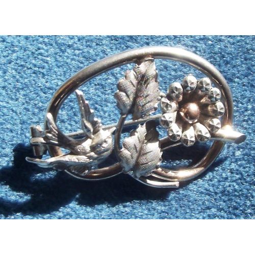 Superbe Broche Ancienne En Vermeil Et Métal Argenté Oiseau Et Fleur Très Ouvragés