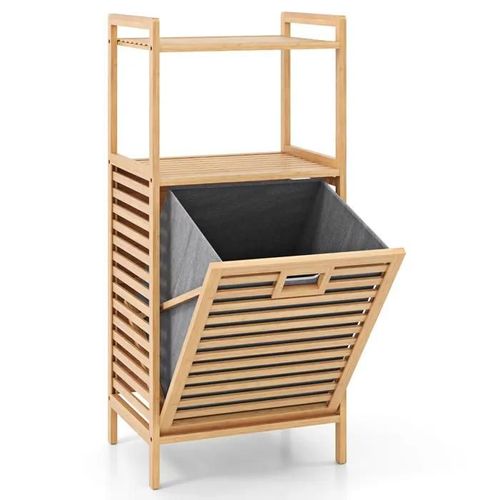 COSTWAY Panier à Linge Inclinable en Bambou à 2 Niveaux avec Panier Pliable et Amovible pour Salle de Bain, Buanderie, Chambre