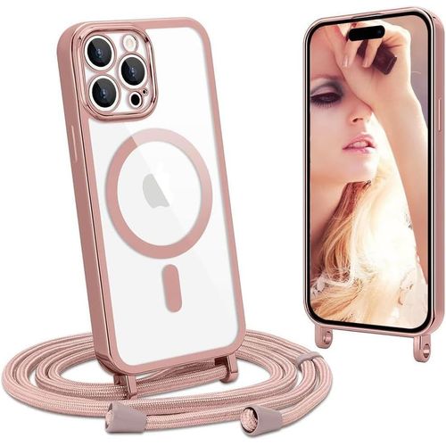 Coque Avec Cordon Compatible Avec Iphone 16 Pro Max, Coque Magnétique De Cellulaire Corde Transparent Silicone Étui En Galvanisé Avec Réglable Collier Téléphone Chaîne Case Housse, Or Rose